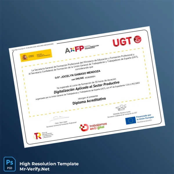 Spain Unión General de Trabajadores UGT Diploma Certificate Printable Spain Unión General de Trabajadores UGT Diploma Certificate Image Preview - PrintDocs