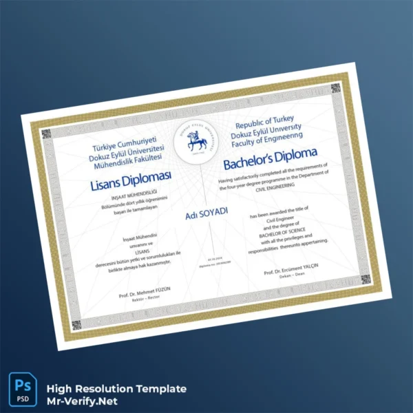 Turkey Dokuz Eylul University Bachelor's Diploma in Civil Engineering Template Printable Turkey Dokuz Eylul University Bachelor's Diploma in Civil Engineering Template Image Preview - PrintDocs