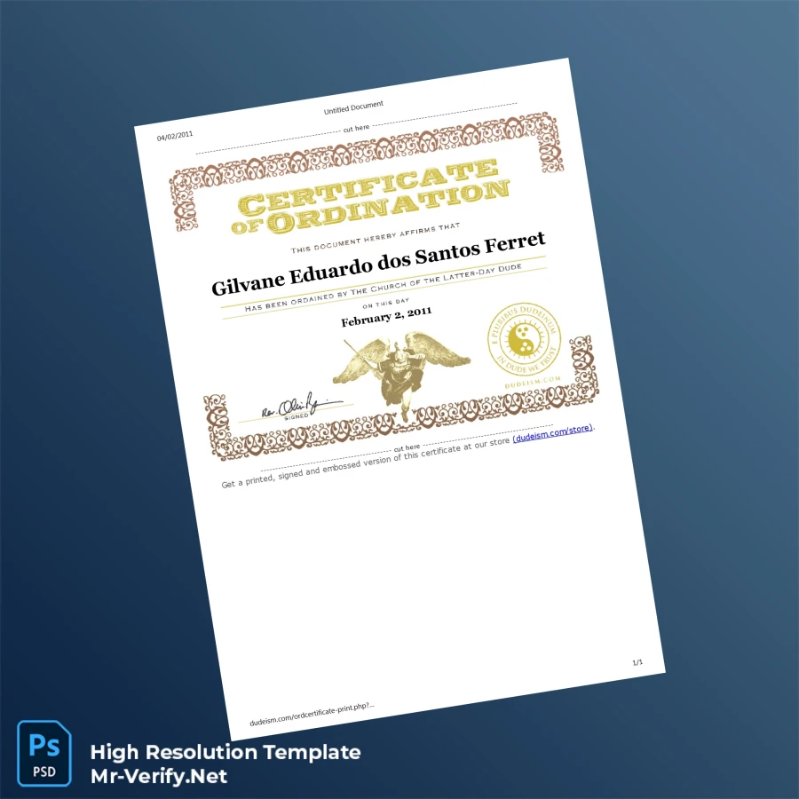 USA Dudeism Certificate of Ordination Printable USA Dudeism Certificate of Ordination Image Preview - PrintDocs