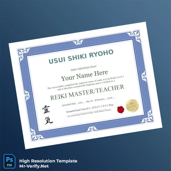 Printable USA The International School of Reiki Usui Reiki Level 3 Certification Diploma Image Preview - PrintDocs