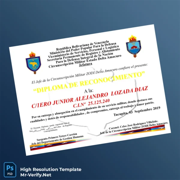 Venezuela Circunscripción Militar ZODI Delta Amacuro Diploma of Recognition Printable Venezuela Circunscripción Militar ZODI Delta Amacuro Diploma of Recognition Image Preview - PrintDocs