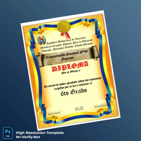 Printable Venezuela Concentración Nacional N° 68 Yaguapa Sixth Grade Diploma Template Image Preview - PrintDocs