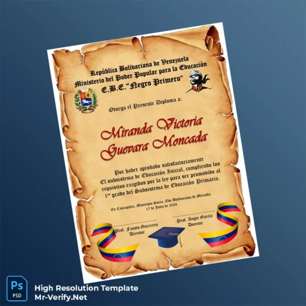 Printable Venezuela E.B.E. _Negro Primero_ 1st Grade Promotion Diploma Image Preview - PrintDocs