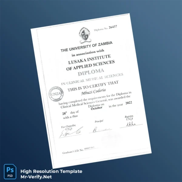 Printable Zambia University of Zambia Diploma in Clinical Medical Sciences Template Image Preview - PrintDocs