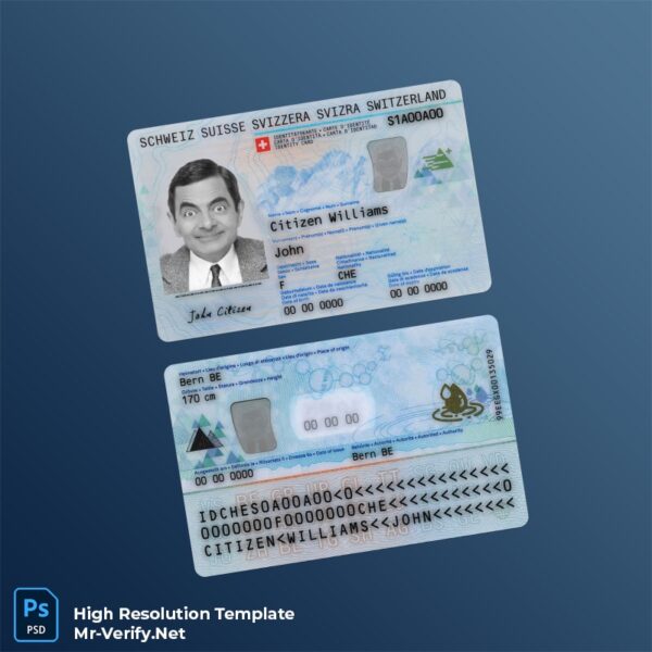 Switzerland ID template in PSD format fully editable, with all fonts v3 (1200 DPI) - Novelty ID Card