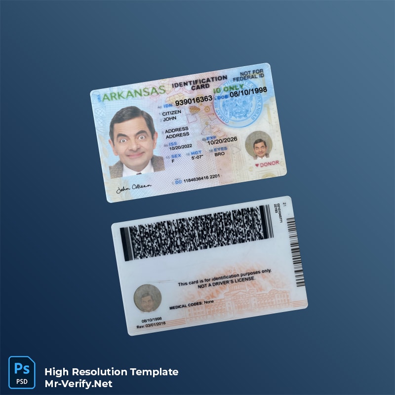 USA Arkansas ID card PSD template v1 - National ID Card PSD USA Arkansas ID card PSD template v1 - Novelty ID Card