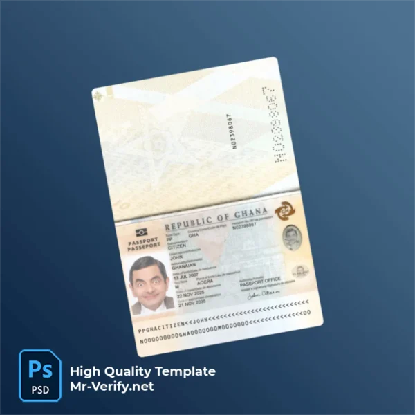 Ghana Passport PSD Template Version 1 (2025-present) - Grid Layout View Ghana Passport PSD Template Version 1 (2025-present) - official style layout concept