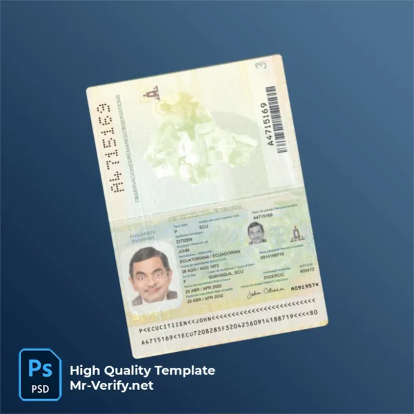 Ecuador Passport PSD Template Version 3 (2022-present) - High-Res Shot Ecuador Passport PSD Template Version 3 (2022-present) - printable document prop template