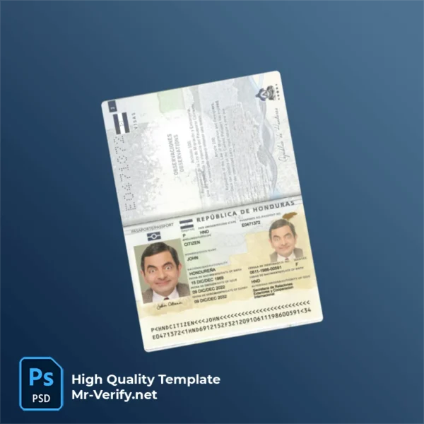 Honduras Passport PSD Template Version 1 (2022-present) - printable document prop template