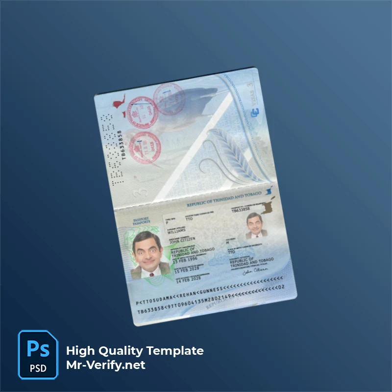 Trinidad And Tobago Passport PSD Template Version 2 (2018-present) - Cinema Prop Asset Trinidad And Tobago Passport PSD Template Version 2 (2018-present) - digital restoration project file