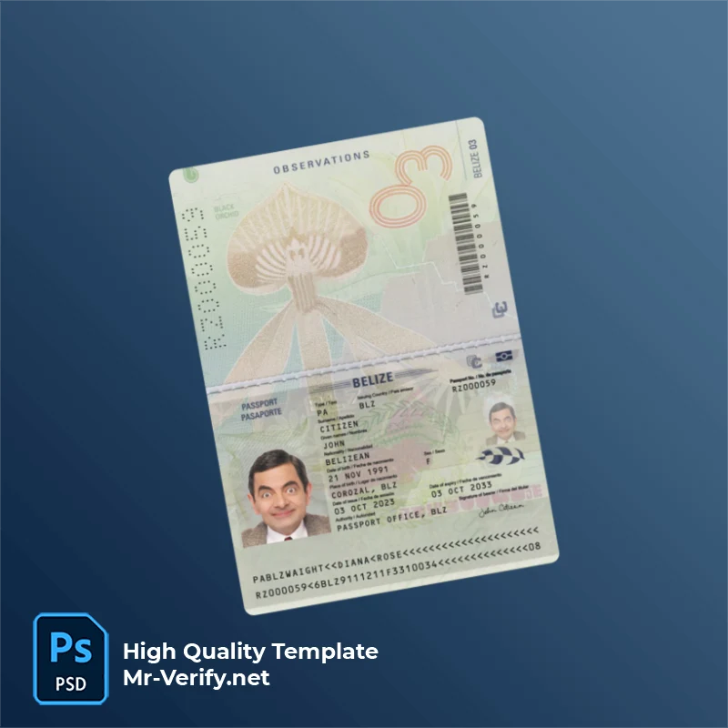 Belize Passport PSD Template Version 1 (2023-present) - Texture View Belize Passport PSD Template Version 1 (2023-present) - isolated background mockup