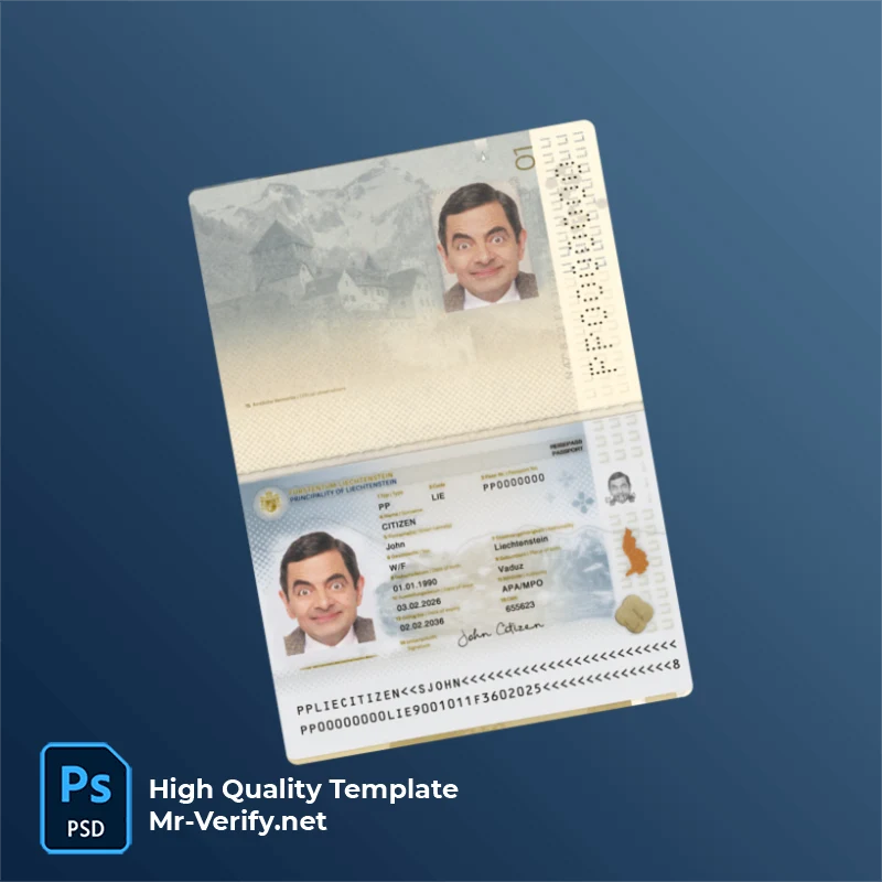 Liechtenstein Passport PSD Template Version 1 (2026-present) - Texture View Liechtenstein Passport PSD Template Version 1 (2026-present) - printable document prop template